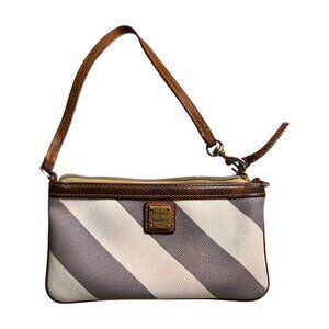 Dooney & Bourke Gray Striped Pebble Grain Wristlet with Strap, Red Interior